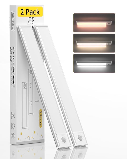 Under Cabinet Lighting, 54 LED Motion Sensor Light Indoor, 3 Color & Stepless Dimmable Closet Lights, Magnetic under Counter Lights for Kitchen, Stairs, Hallway - 2 Pack