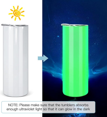 8 Pack Sublimation Tumblers Glow in the Dark,20 Oz Double Wall Vacuum Insulated Luminous Skinny Tumbler with Straw and Lid for Cold and Hot Drinks,White to Blue and White to Green