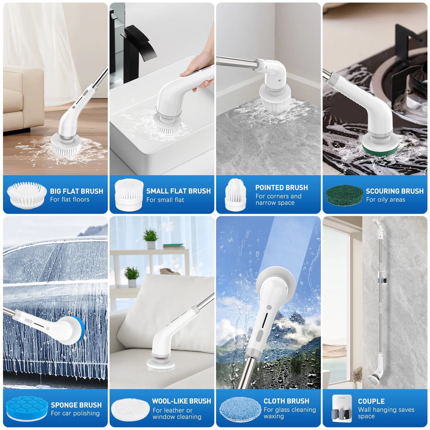 Cordless Electric Spin Scrubber, 2-Speed with 7 Brush Heads & 51.2" Extension Handle, Grey – Power Scrubber for Bathroom, Kitchen, Tub, Tile, Floor Cleaning