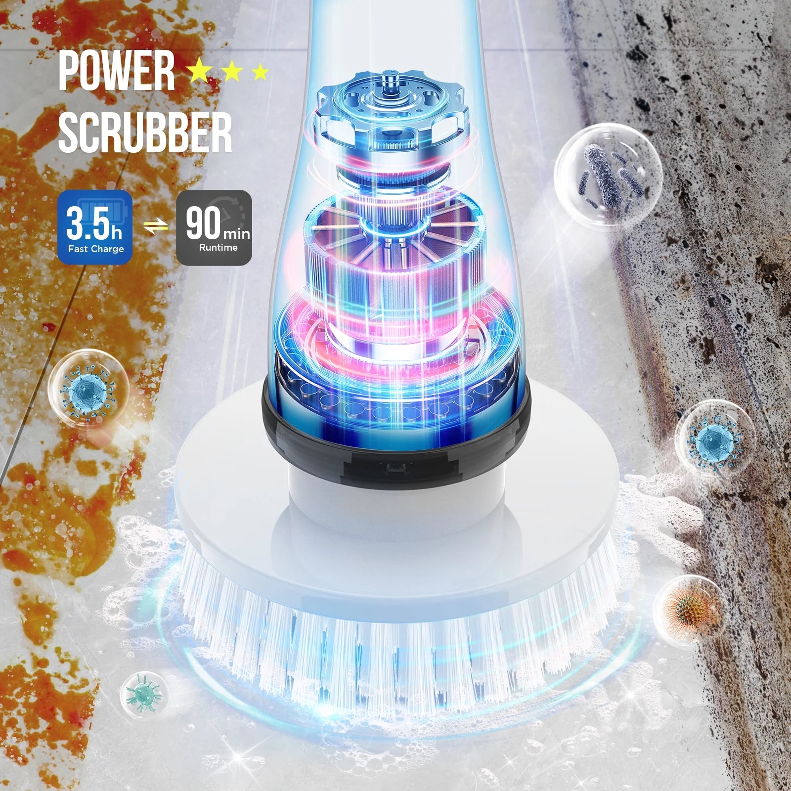 Electric Spin Scrubber - Cordless Cleaning Brush with 4 Heads & Extension Handle Power Shower Scrubber for Bathroom Kitchen Tile Floor