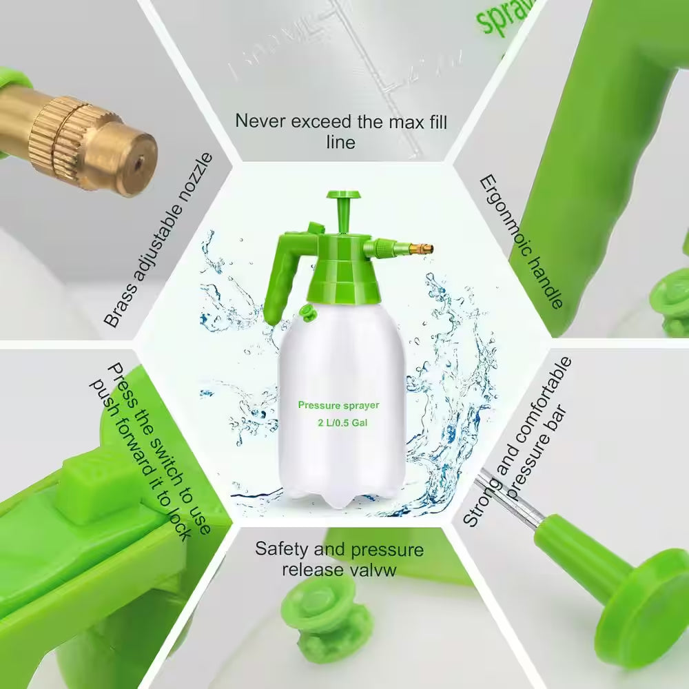 0.5 Gal. Manual Hand Pump Sprayers with Safety Valve and Adjustable Brass Nozzle for Plant Watering, Garden Planting