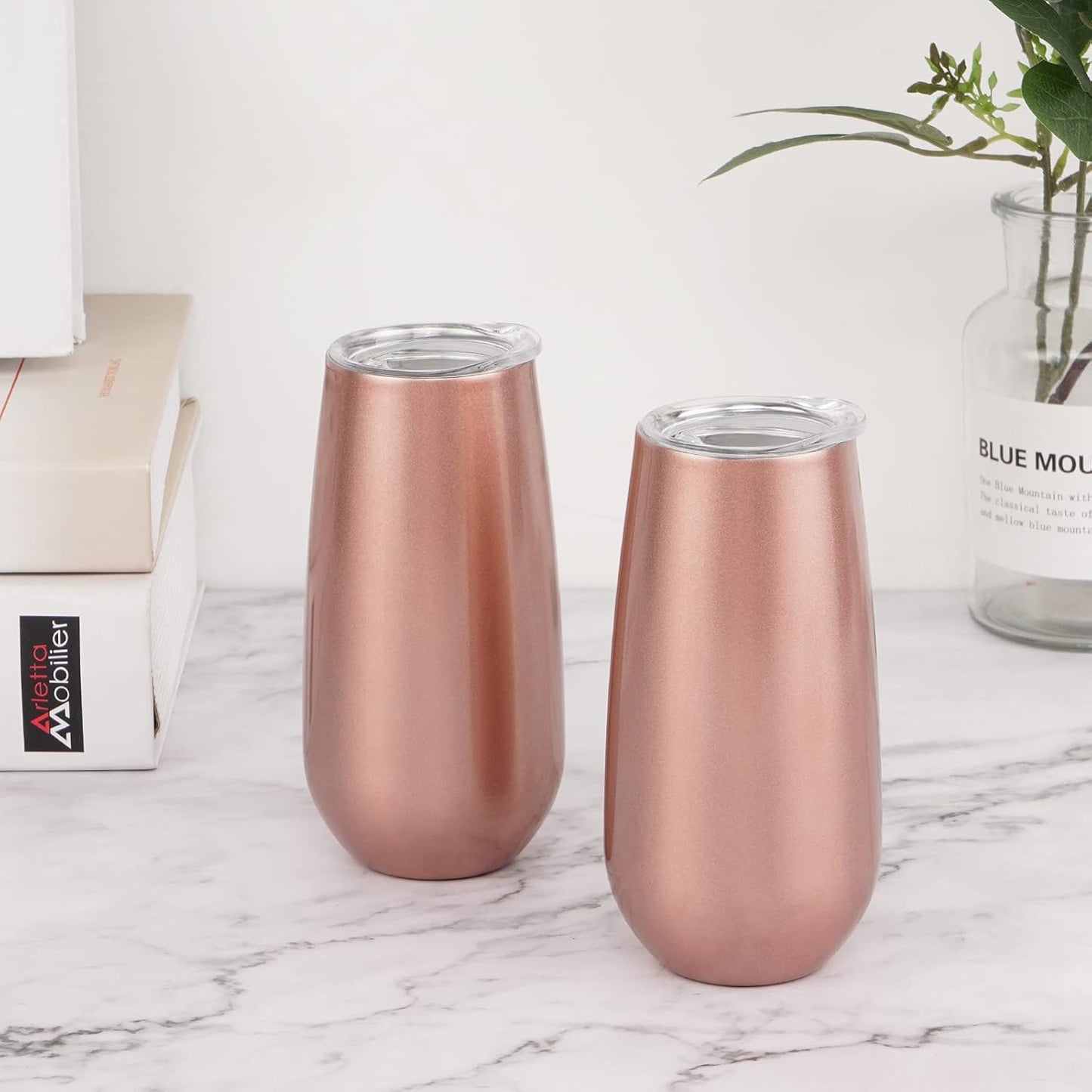 2 Pack Stemless Champagne Tumblers, 6 Oz Insulated Flute Tumbler, Double Insulated Unbreakable Glasses for Friends Birthday Christmas Wedding (Rose Gold)