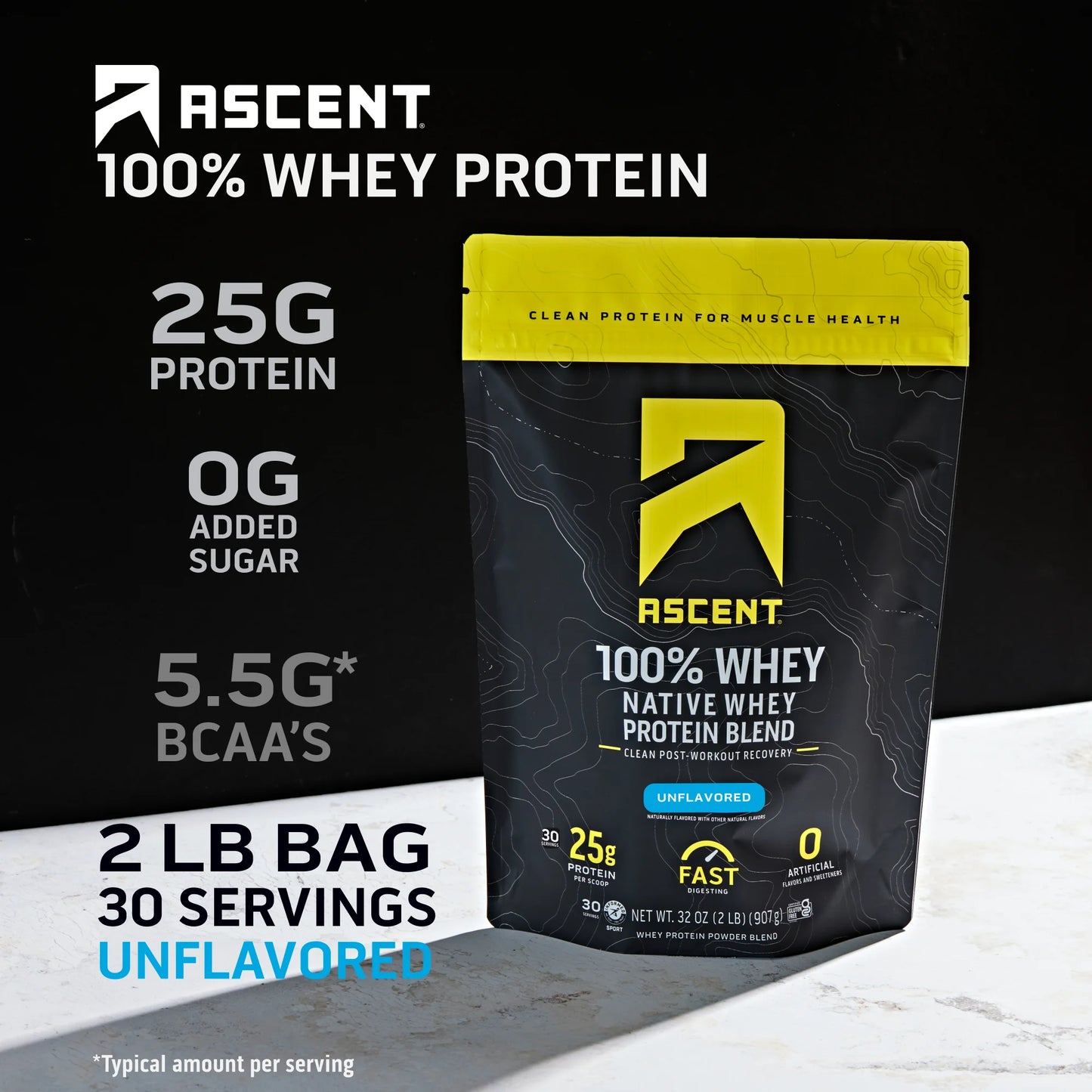 100% Whey Protein Powder - Post Workout Whey Protein Isolate, Unflavored, 2 Lb