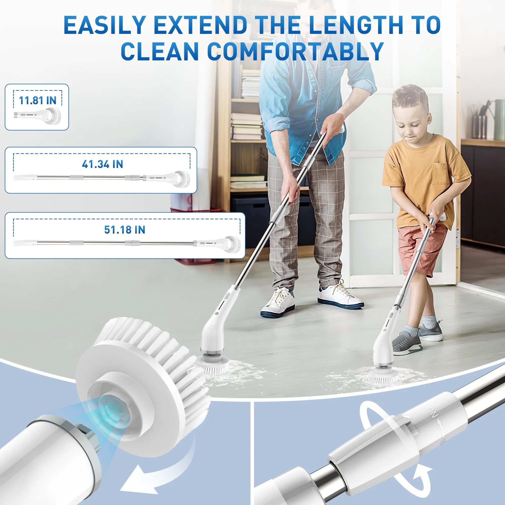 Cordless Electric Spin Scrubber, 2-Speed with 7 Brush Heads & 51.2" Extension Handle, Grey – Power Scrubber for Bathroom, Kitchen, Tub, Tile, Floor Cleaning