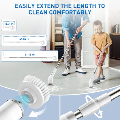Cordless Electric Spin Scrubber, 2-Speed with 7 Brush Heads & 51.2" Extension Handle, Grey – Power Scrubber for Bathroom, Kitchen, Tub, Tile, Floor Cleaning