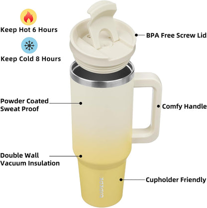 40 Oz Tumbler with Handle Insulated Tumblers with Lid and Straw Stainless Steel Thermal Cup,Lemon