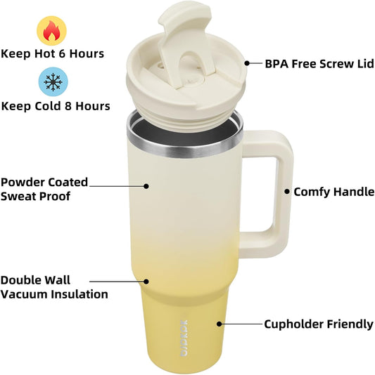 40 Oz Tumbler with Handle Insulated Tumblers with Lid and Straw Stainless Steel Thermal Cup,Lemon