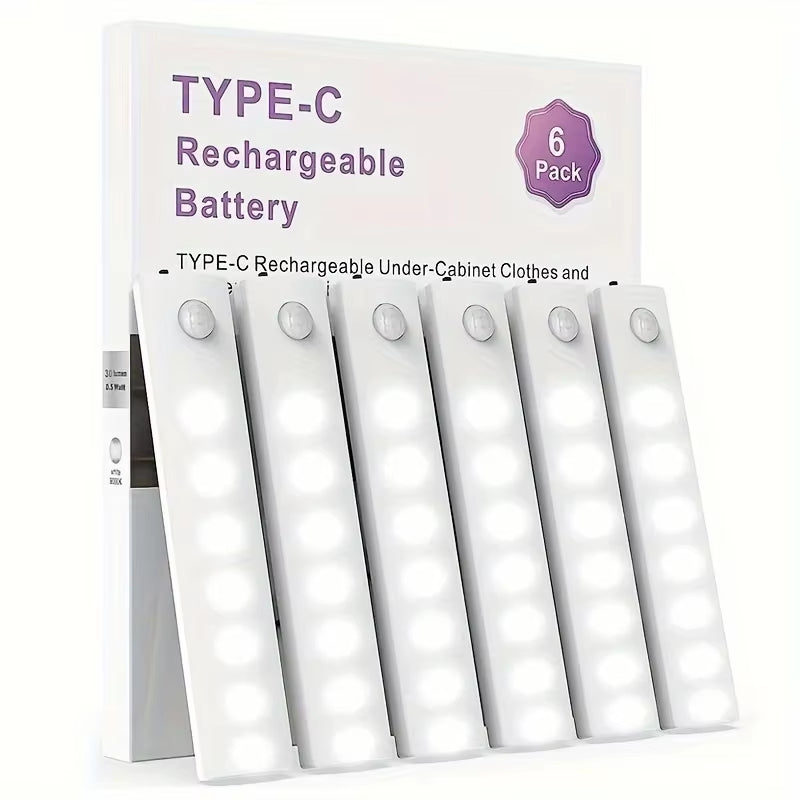 Under Cabinet Lights 6 Pack Motion Sensor Light Indoor LED USB-C Rechargeable Battery Operated Stick-On Light for Kitchen Night