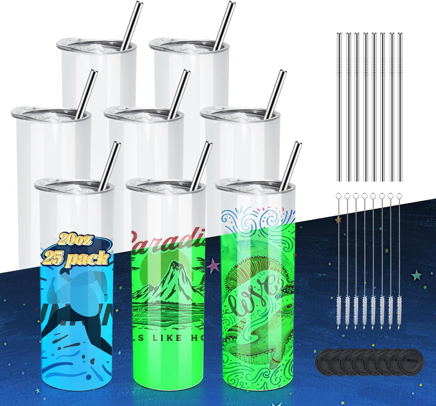 8 Pack Sublimation Tumblers Glow in the Dark,20 Oz Double Wall Vacuum Insulated Luminous Skinny Tumbler with Straw and Lid for Cold and Hot Drinks,White to Blue and White to Green