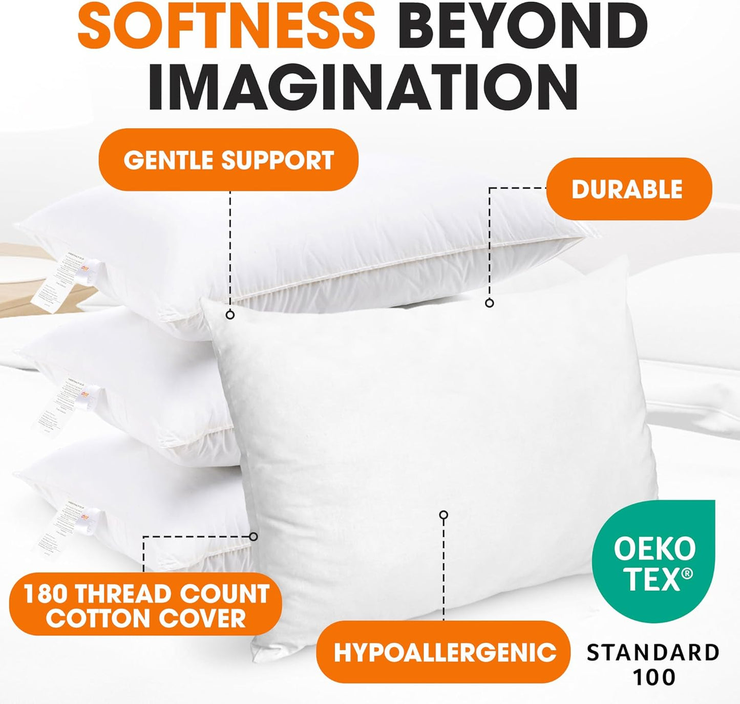 Standard Size Bed Pillows - down Alternative Pillows, Soft Bed Pillows & Positioners, Hotel Quality Standard Pillows Set of 4, Luxury Pillows for Comfortable and Restful Sleep