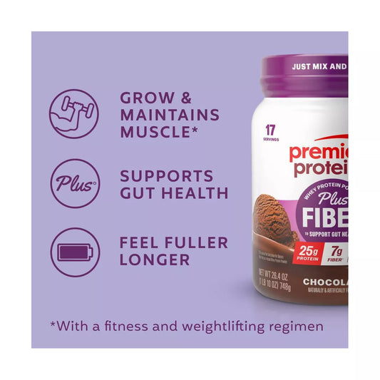 Premier Protein plus Fiber Powder - Chocolate - Whey Protein - 26.4Oz/17 Servings
