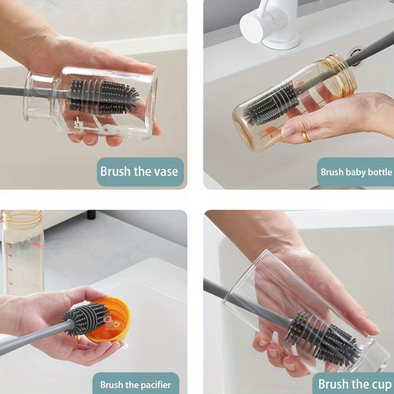 Silicone Bottle Cleaning Brush with Long Handle, Flexible No Dead Angle Scrubber for Baby Bottles, Tumblers, Kitchen