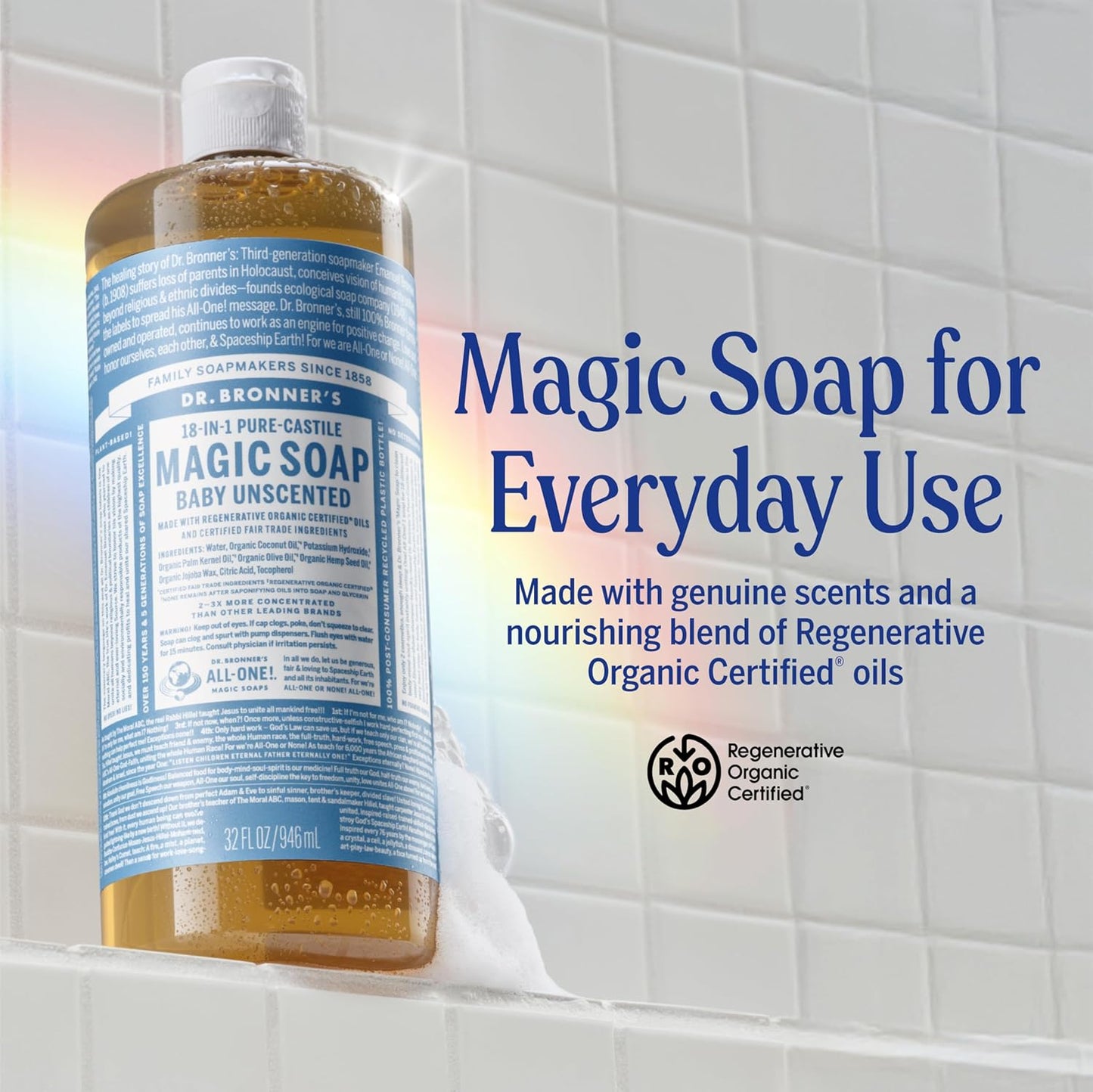 Pure-Castile Magic Liquid Soap - Made with Regenerative Organic Certified Oils - 18-In-1 Uses for Face, Body, Hand Gentle on Baby & Sensitive Skin Body Wash Unscented,32Oz