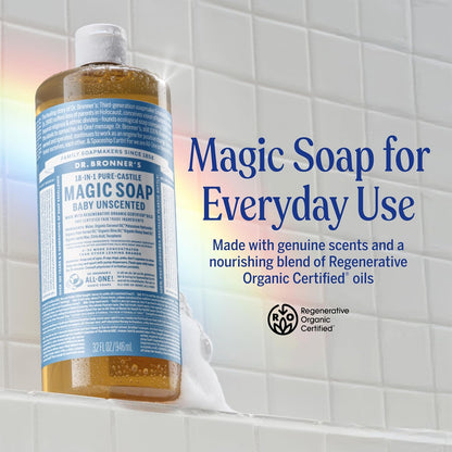 Pure-Castile Magic Liquid Soap - Made with Regenerative Organic Certified Oils - 18-In-1 Uses for Face, Body, Hand Gentle on Baby & Sensitive Skin Body Wash Unscented,32Oz