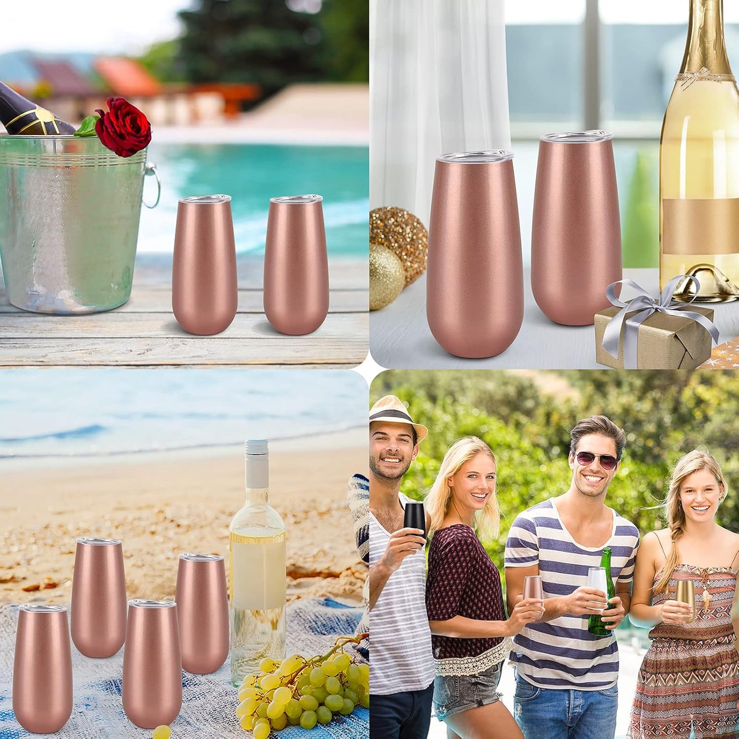 2 Pack Stemless Champagne Tumblers, 6 Oz Insulated Flute Tumbler, Double Insulated Unbreakable Glasses for Friends Birthday Christmas Wedding (Rose Gold)