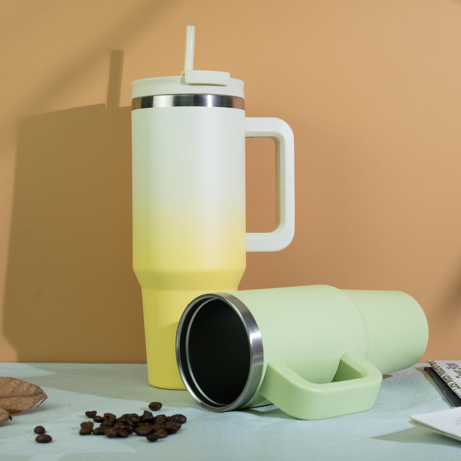 40 Oz Tumbler with Handle Insulated Tumblers with Lid and Straw Stainless Steel Thermal Cup,Lemon