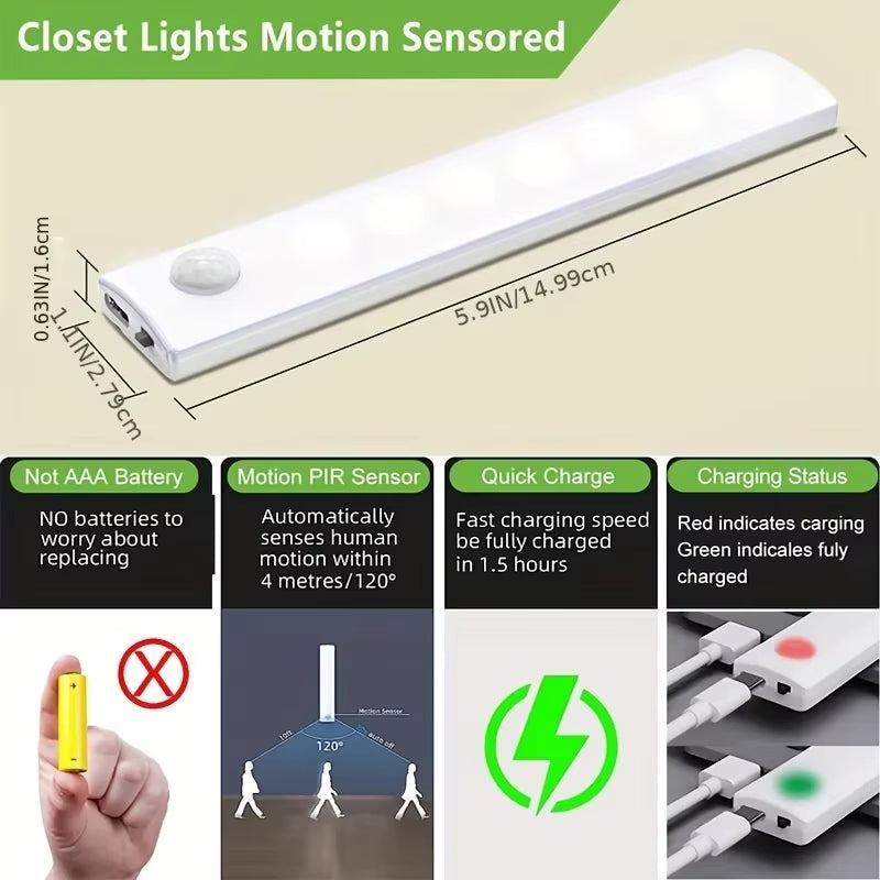 Under Cabinet Lights 6 Pack Motion Sensor Light Indoor LED USB-C Rechargeable Battery Operated Stick-On Light for Kitchen Night