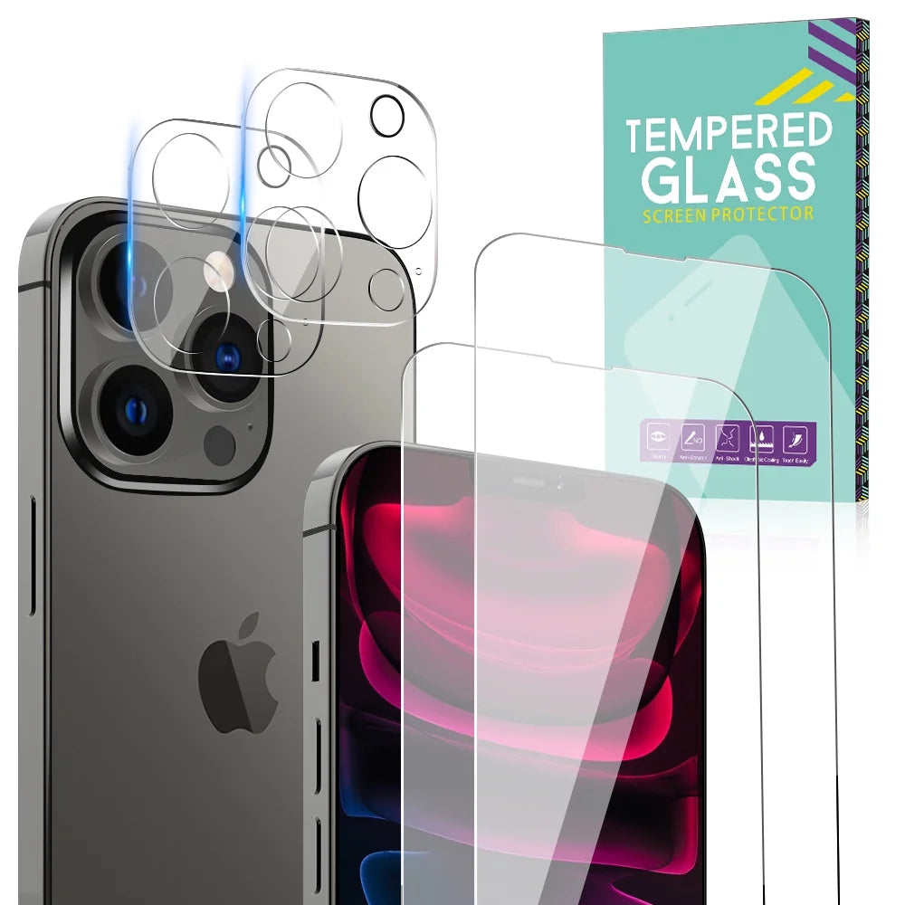 Iphone 13 Pro Max Screen Protector Tempered Glass + Camera Lens Protector, for Iphone 12 13 Pro Max Screen Protector, 9H Clear