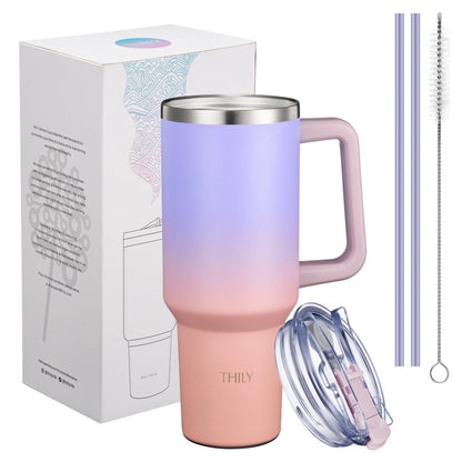 40 Oz Insulated Tumbler with Handle - Stainless Steel Coffee Travel Mug with Lid and Straws, Cupholder Friendly, BPA Free, Splash-Proof, for Women, Mother, Wife, Girls, Lavender Dream