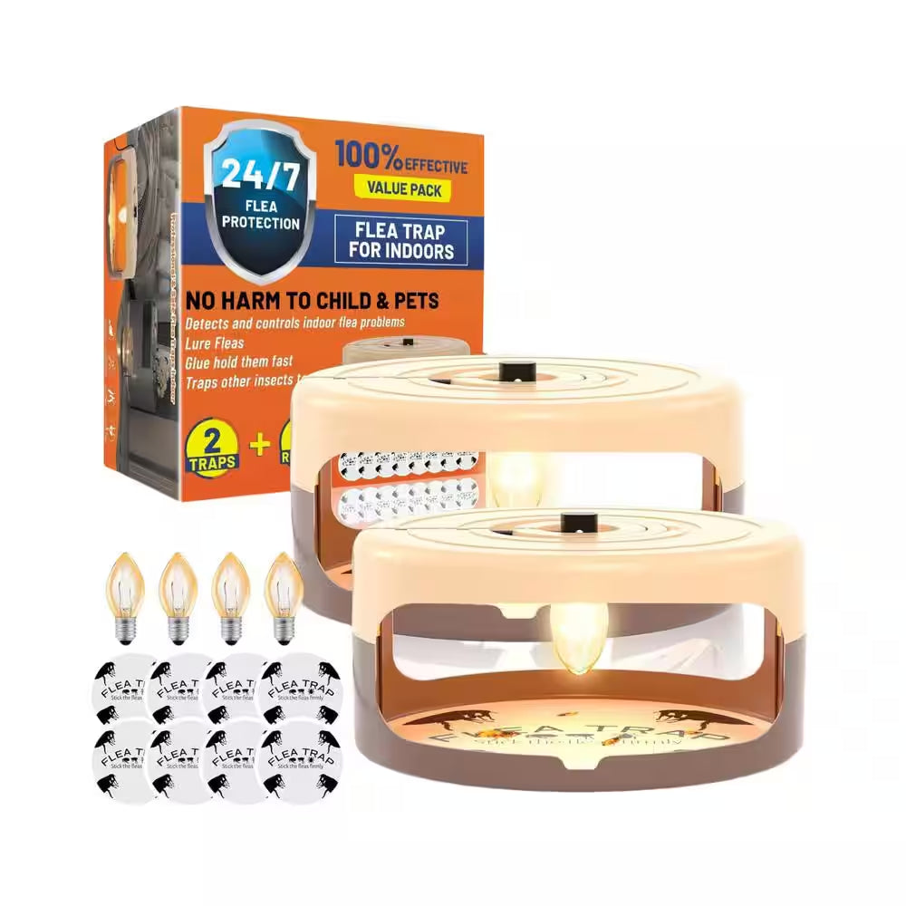 Modern Indoor Flea Traps with 8 Sticky Disc & 4 Bulbs & 2 Electric Wires, Flea Killer Bed Bug Trap Pest Control (2-Pack)