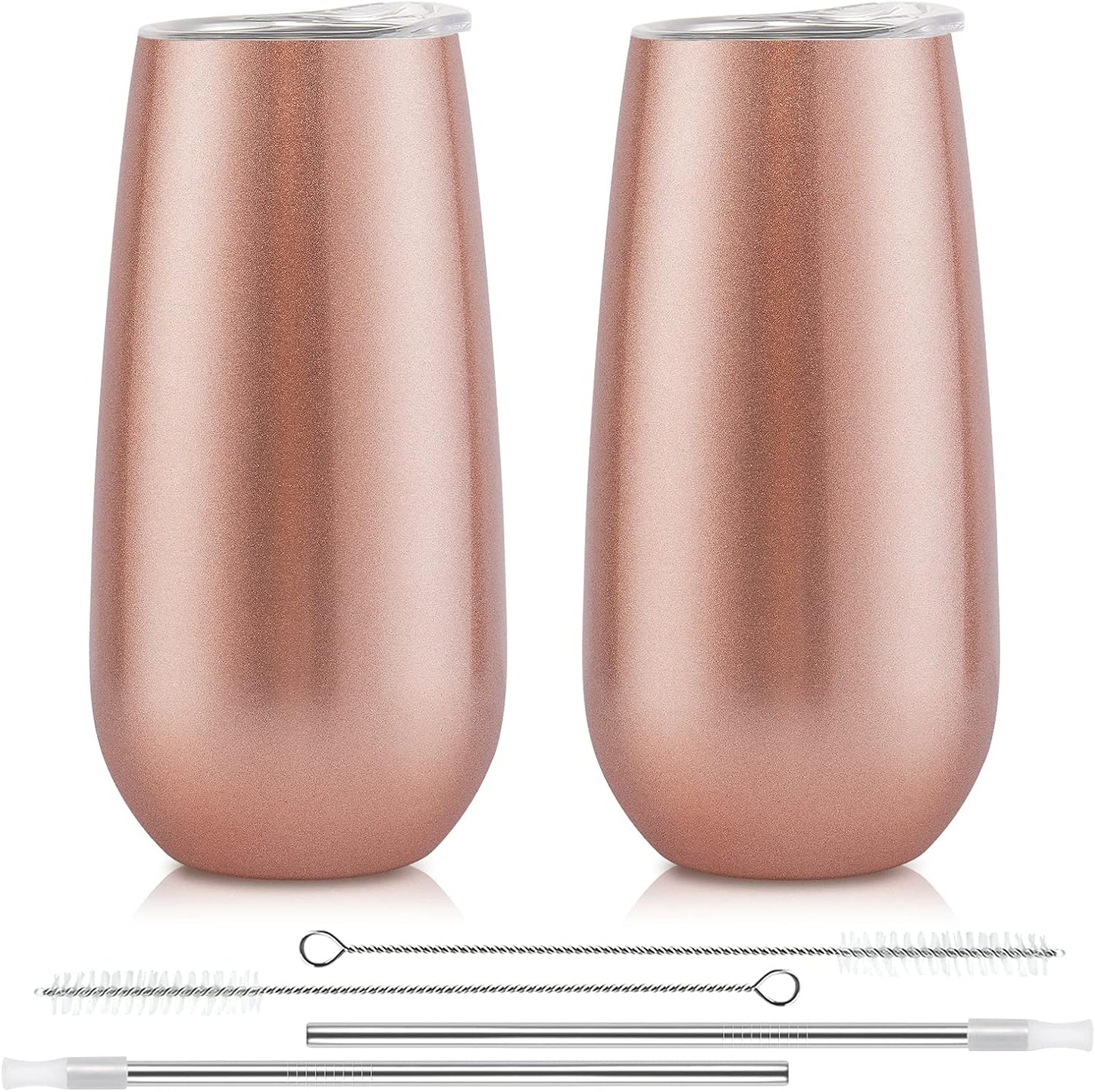 2 Pack Stemless Champagne Tumblers, 6 Oz Insulated Flute Tumbler, Double Insulated Unbreakable Glasses for Friends Birthday Christmas Wedding (Rose Gold)