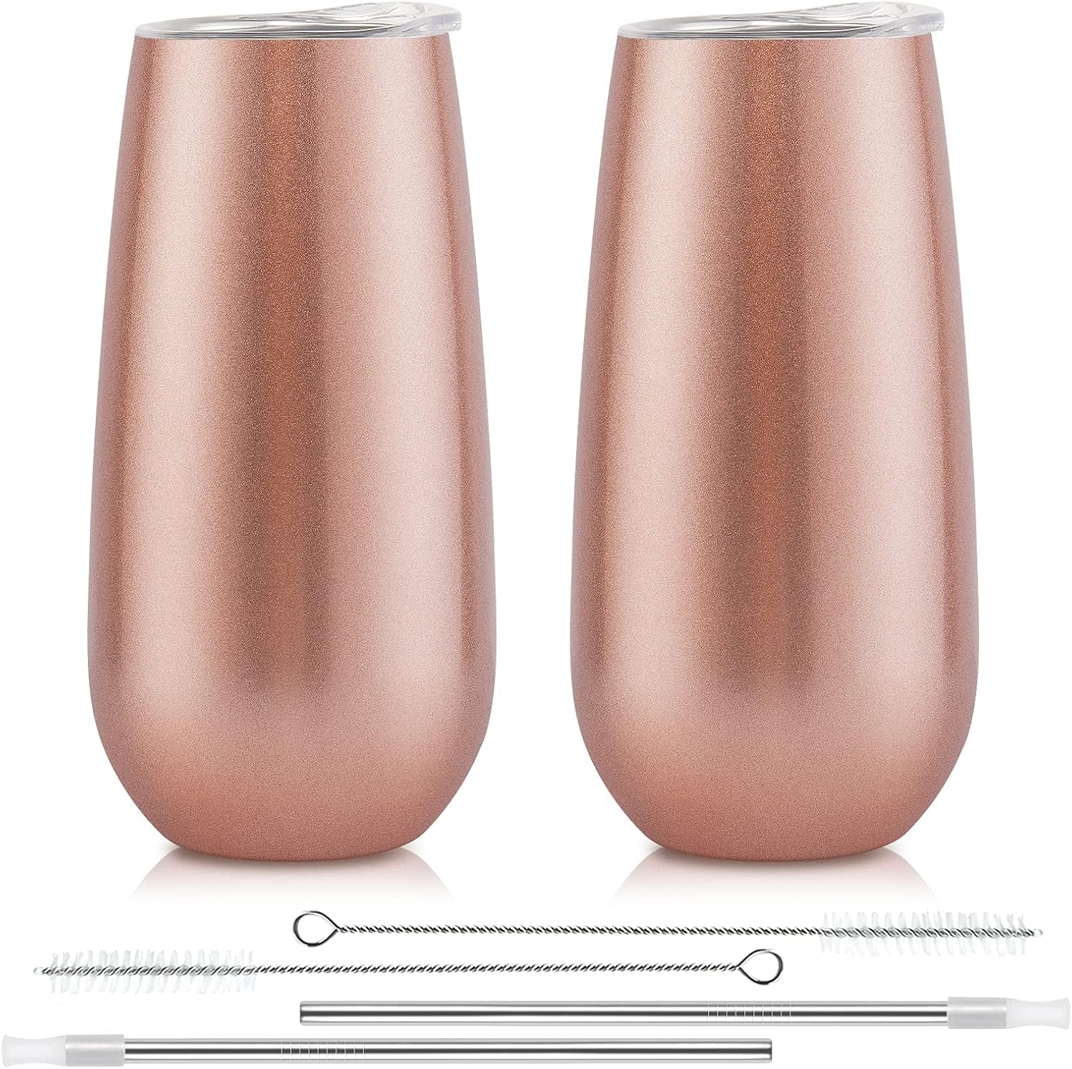 2 Pack Stemless Champagne Tumblers, 6 Oz Insulated Flute Tumbler, Double Insulated Unbreakable Glasses for Friends Birthday Christmas Wedding (Rose Gold)