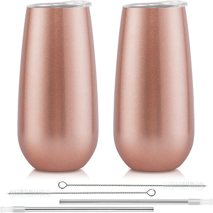2 Pack Stemless Champagne Tumblers, 6 Oz Insulated Flute Tumbler, Double Insulated Unbreakable Glasses for Friends Birthday Christmas Wedding (Rose Gold)