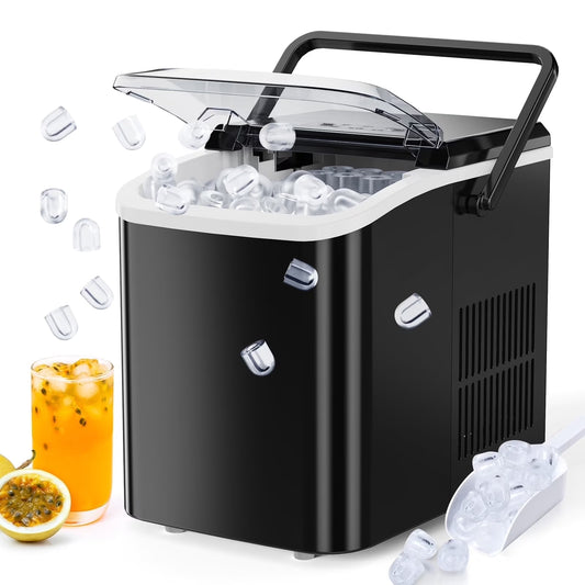 Countertop Ice Maker: 9 Cubes in 6 Minutes, 24Lbs in 24 Hours, Dual Sizes, with Scoop & Basket, Black