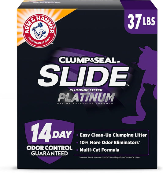 Clump & Seal SLIDE Platinum Multi-Cat Clumping Cat Litter, 14-Day Odor Control, EZ Clean Technology, 37 Lbs – No Scrubbing, Powerful Odor Eliminator