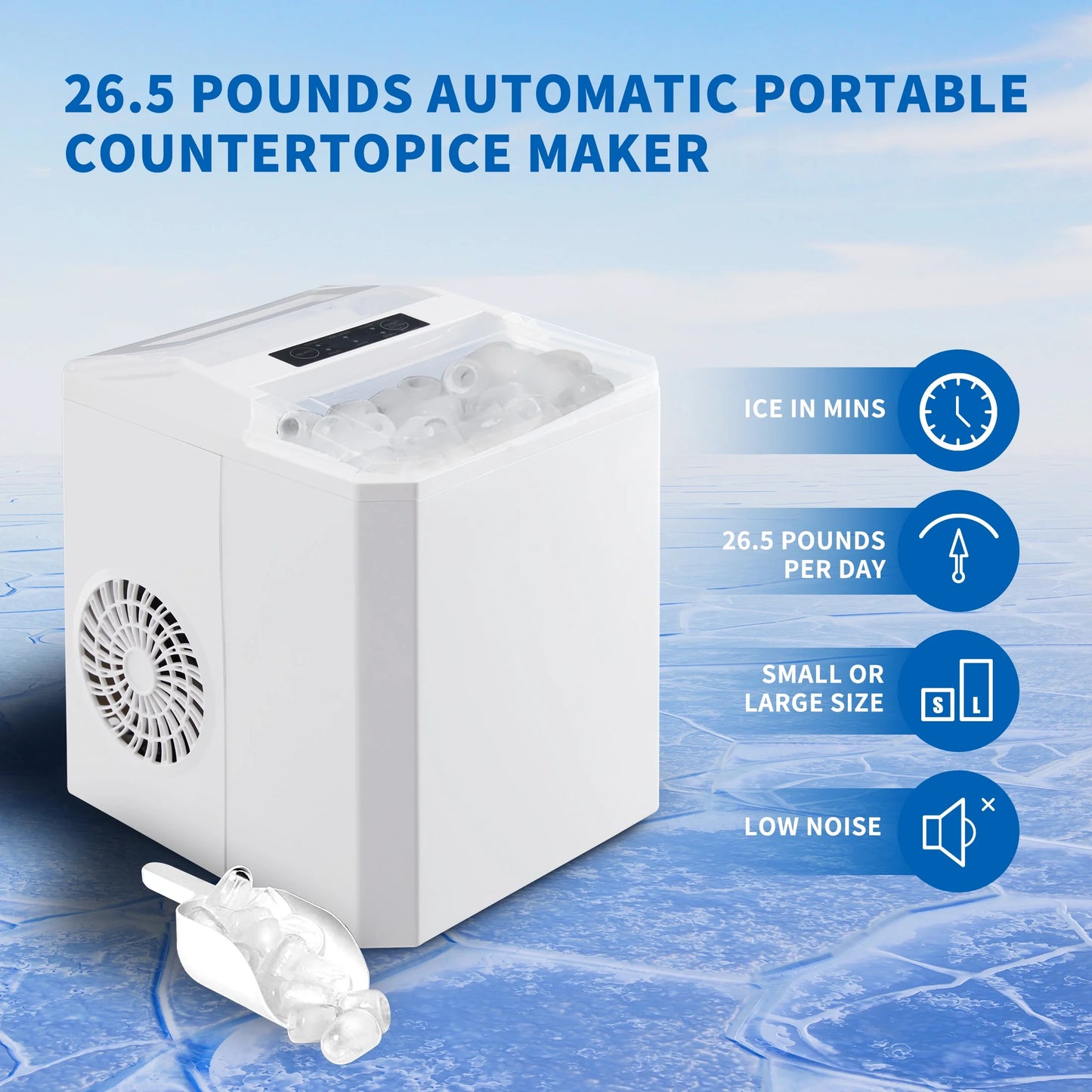 26.5 Lbs/Day Capacity Portable Ice Maker,Countertop Ice Maker,9 Ice Cubes Ready in 6 Mins, Self-Cleaning,With Basket & Scoop,For Home, Camping,White
