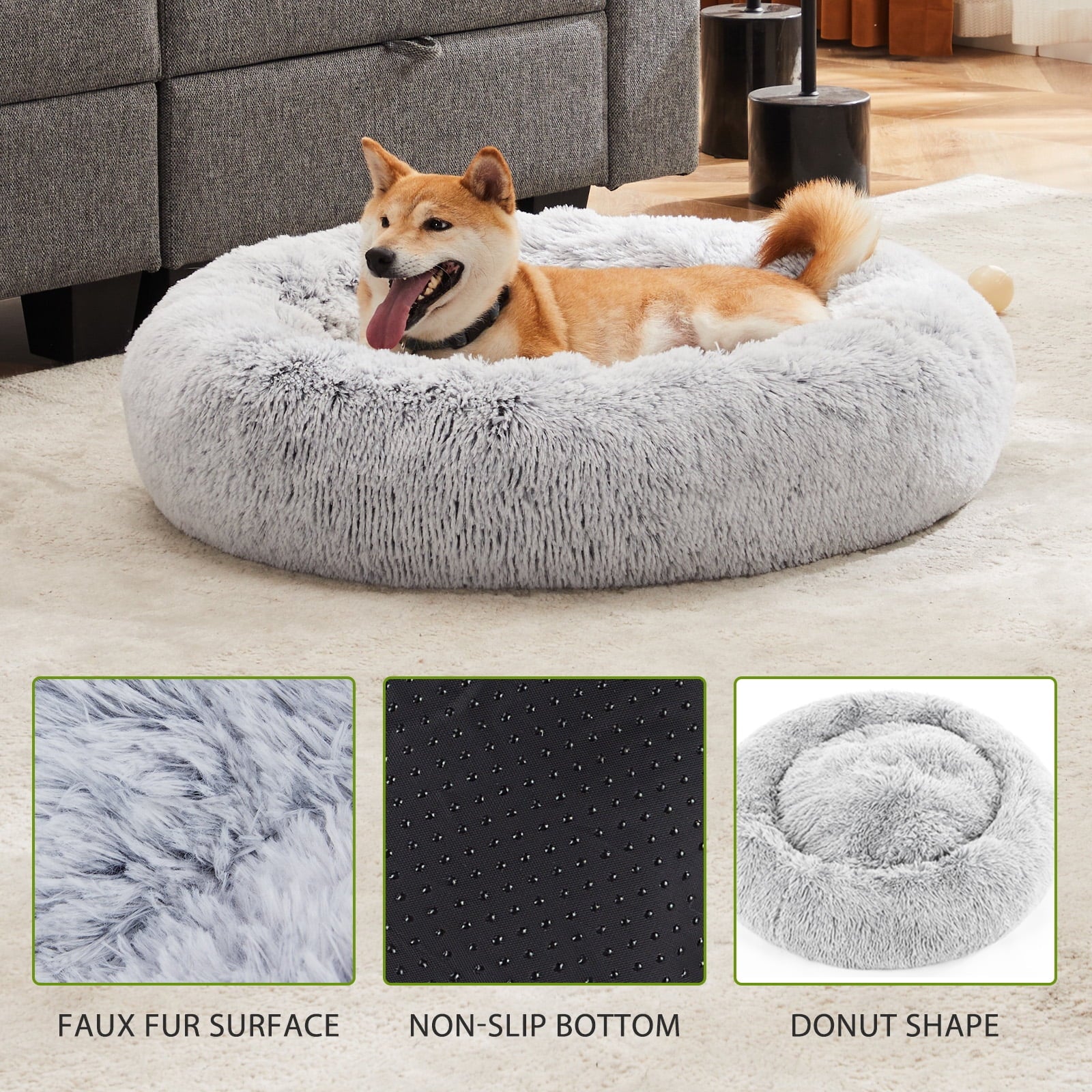 Large Calming Donut Dog & Cat Bed, 36 Inches round Fluffy Dog Beds for Dogs, Anti-Anxiety Plush Dog Bed, Machine Washable Pet Bed, Gray
