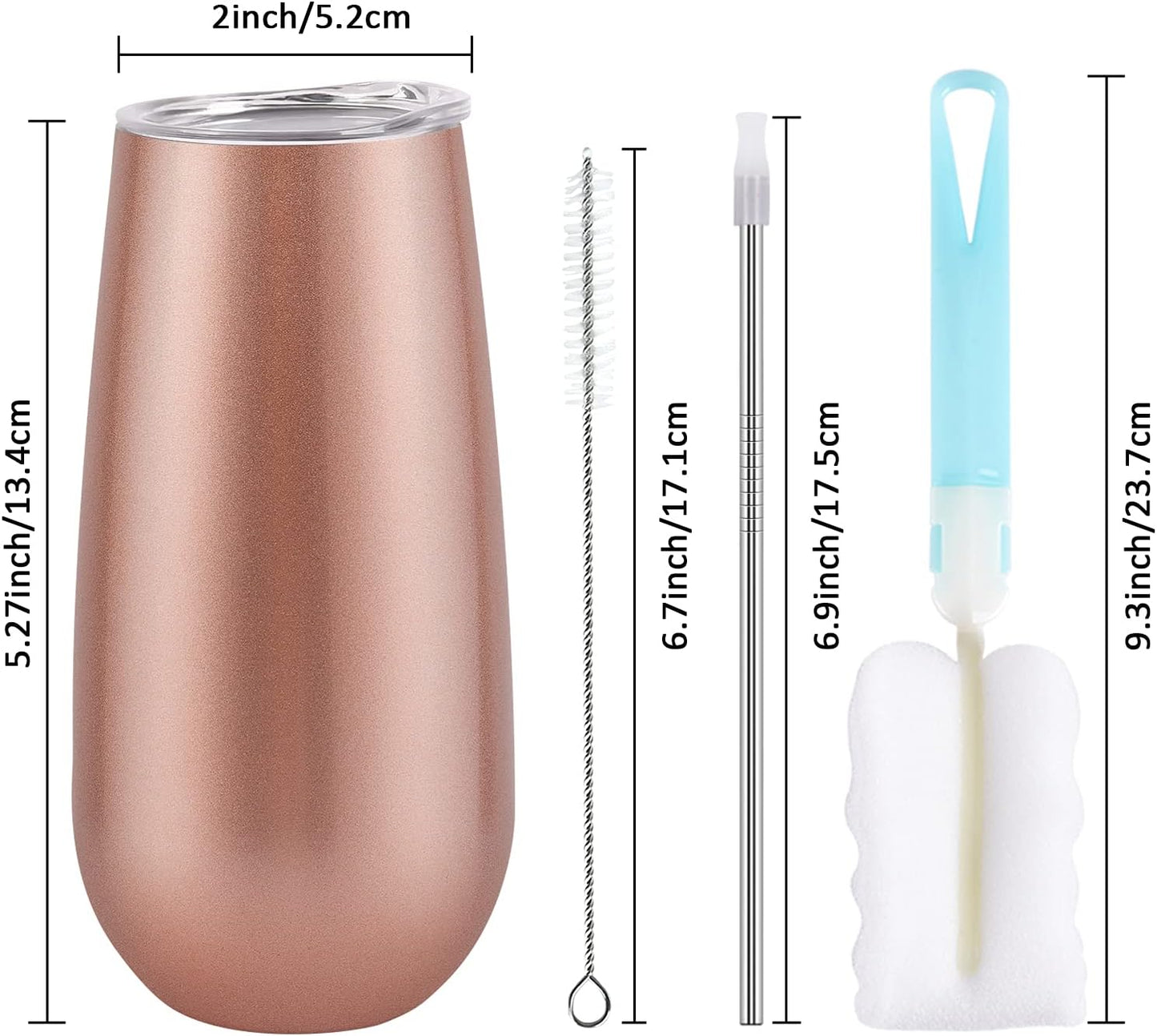 2 Pack Stemless Champagne Tumblers, 6 Oz Insulated Flute Tumbler, Double Insulated Unbreakable Glasses for Friends Birthday Christmas Wedding (Rose Gold)