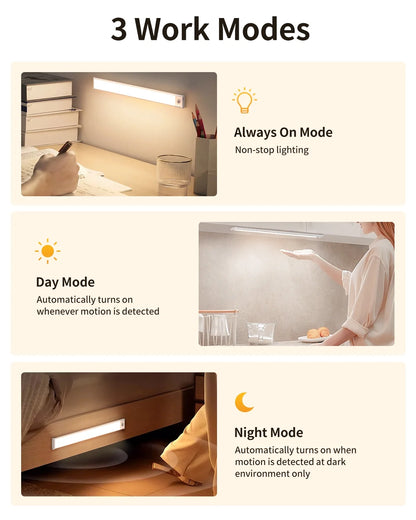 Under Cabinet Lighting, 54 LED Motion Sensor Light Indoor, 3 Color & Stepless Dimmable Closet Lights, Magnetic under Counter Lights for Kitchen, Stairs, Hallway - 2 Pack