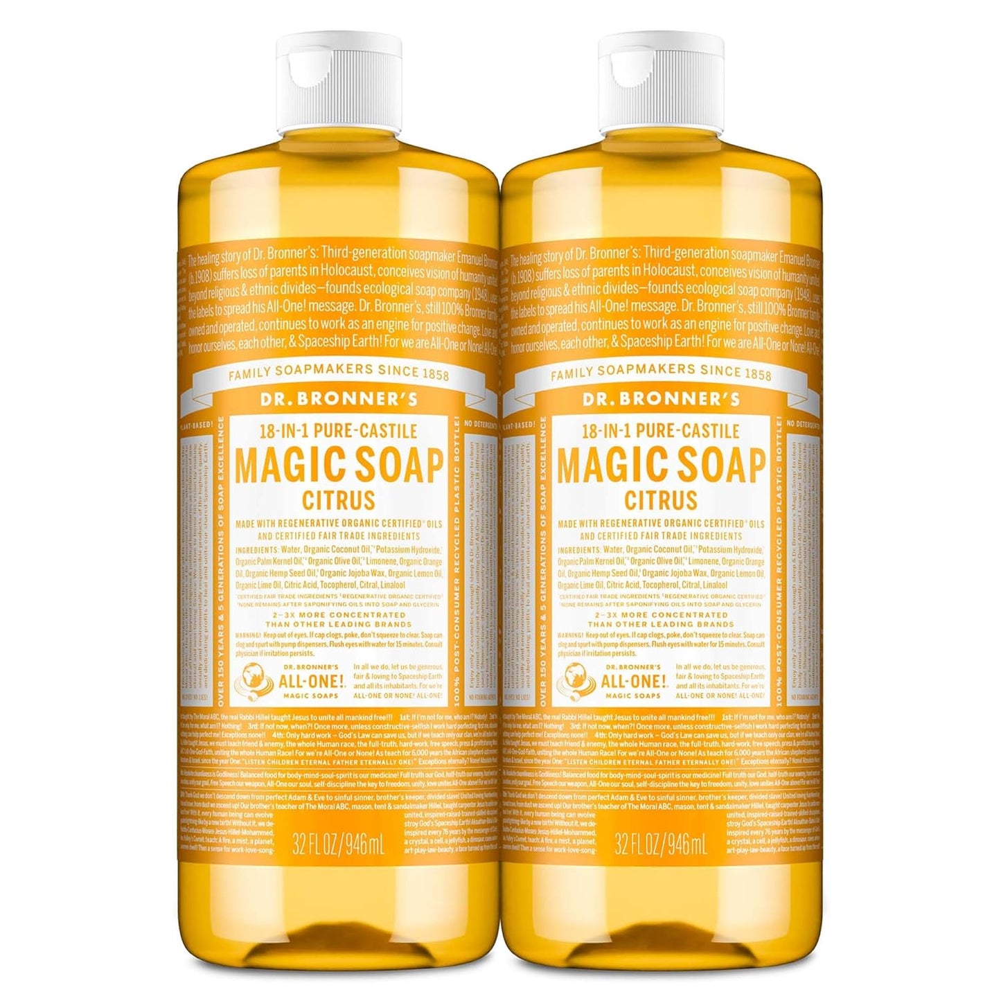 Magic Soap-Pure-Castile Liquid Soap (Citrus, 32Oz, 2-Pack)-Regenerative Organic Certified Oils, 18-In-1 Uses: Body, Hair, Laundry, Pets & Dishes, Concentrated, Vegan, Non-Gmo