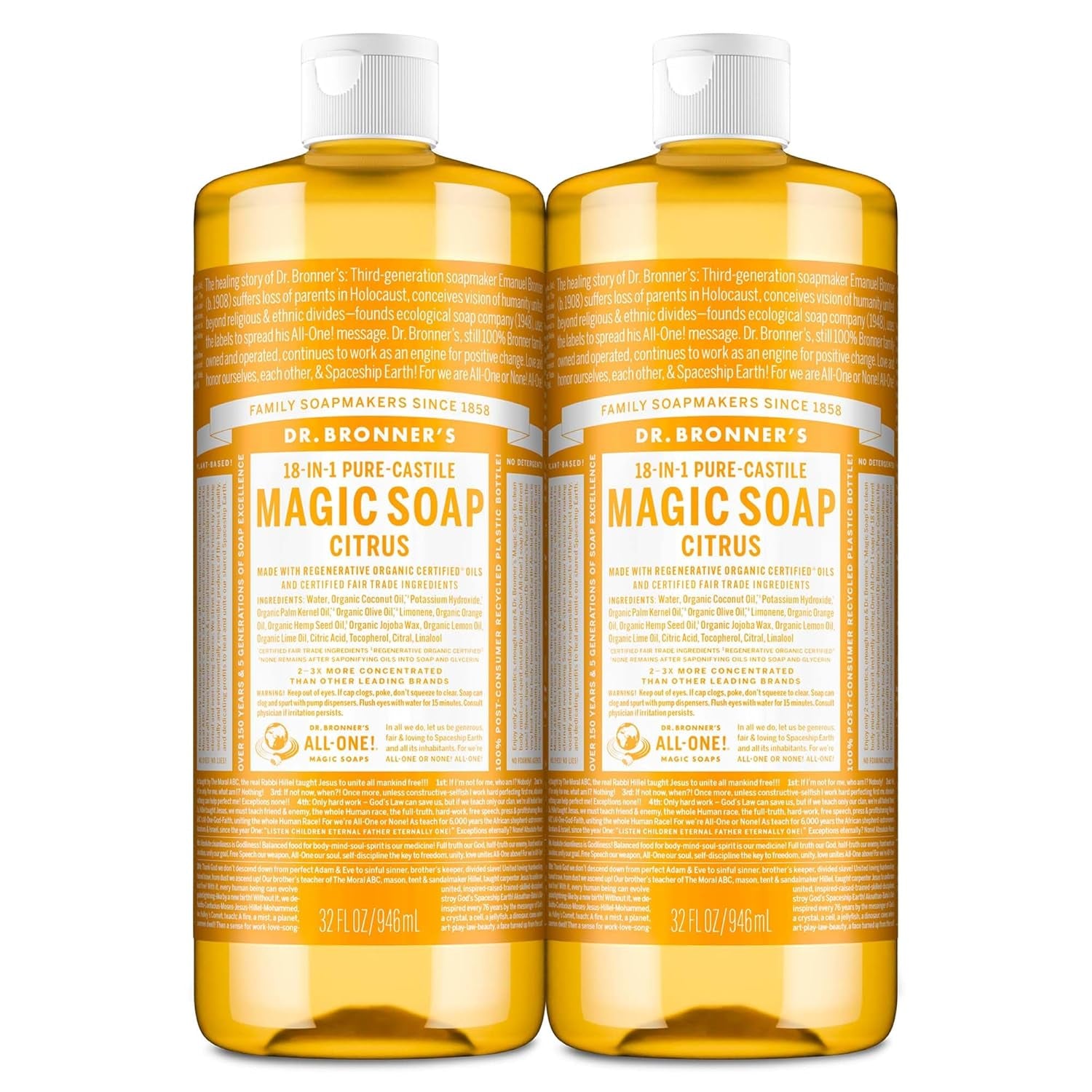 Magic Soap-Pure-Castile Liquid Soap (Citrus, 32Oz, 2-Pack)-Regenerative Organic Certified Oils, 18-In-1 Uses: Body, Hair, Laundry, Pets & Dishes, Concentrated, Vegan, Non-Gmo
