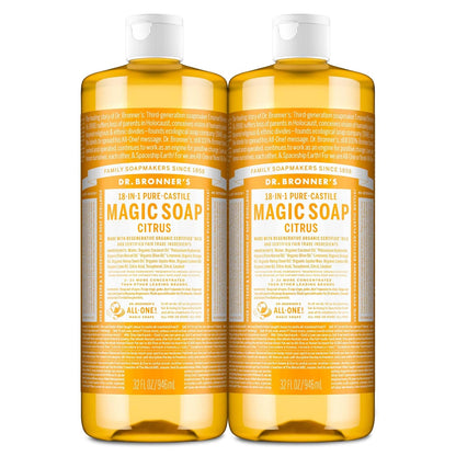 Magic Soap-Pure-Castile Liquid Soap (Citrus, 32Oz, 2-Pack)-Regenerative Organic Certified Oils, 18-In-1 Uses: Body, Hair, Laundry, Pets & Dishes, Concentrated, Vegan, Non-Gmo