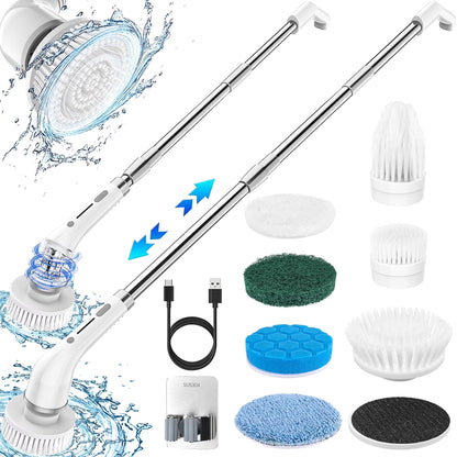 Cordless Electric Spin Scrubber, 2-Speed with 7 Brush Heads & 51.2" Extension Handle, Grey – Power Scrubber for Bathroom, Kitchen, Tub, Tile, Floor Cleaning