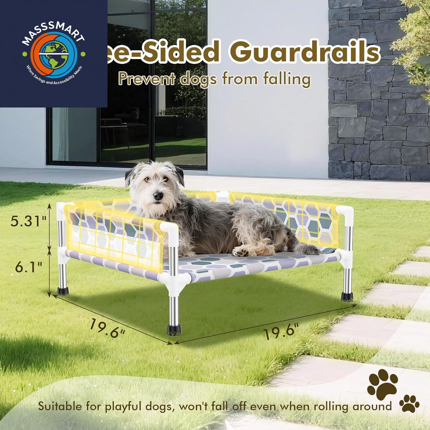 Elevated Dog Bed, Cooling Outdoor Dog Cot with 3-Sided Guard Rails, Raised Pet Bed for Indoor and Outdoor, Durable & Breathable(19.8" L X 19.8" W X 5.9" Th)