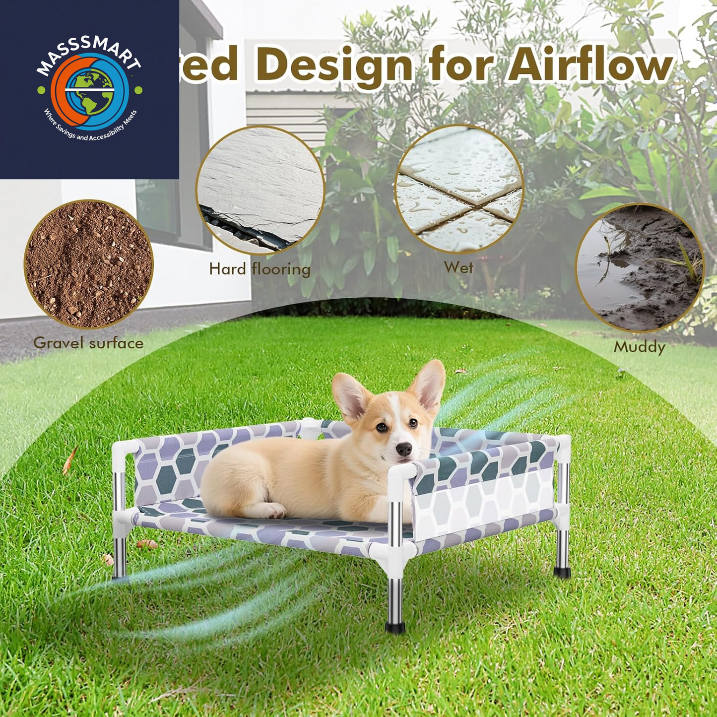 Elevated Dog Bed, Cooling Outdoor Dog Cot with 3-Sided Guard Rails, Raised Pet Bed for Indoor and Outdoor, Durable & Breathable(19.8" L X 19.8" W X 5.9" Th)
